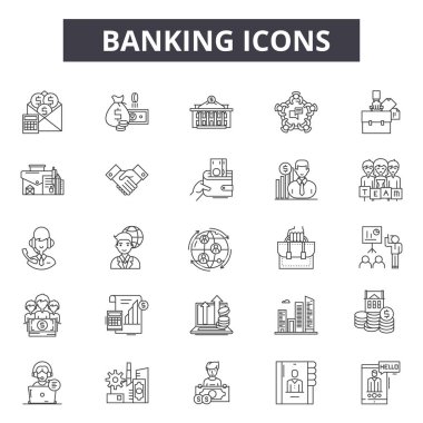 Web ve mobil tasarım için bankacılık satır simgeler. Düzenlenebilir kontur işaretler. Bankacılık anahat konsept çizimler
