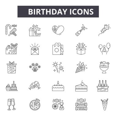 Web ve mobil tasarım için doğum günü çizgi simgeler. Düzenlenebilir kontur işaretler. Doğum günü anahat konsept çizimler