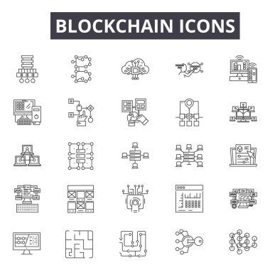 Web ve mobil tasarım için Blockchain satır simgeler. Düzenlenebilir kontur işaretler. Blockchain anahat konsept çizimler