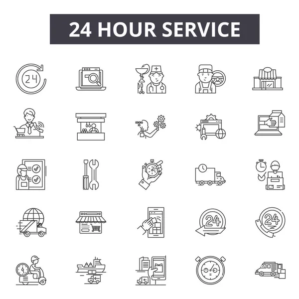 24 timmars tjänster linje ikoner. Redigerbara stroke tecken. Begreppet ikoner: stöd, assistans, klocka, öppen, business, leverans, kunden hjälp etc. 24 timmars tjänster beskriva illustrationer — Stock vektor