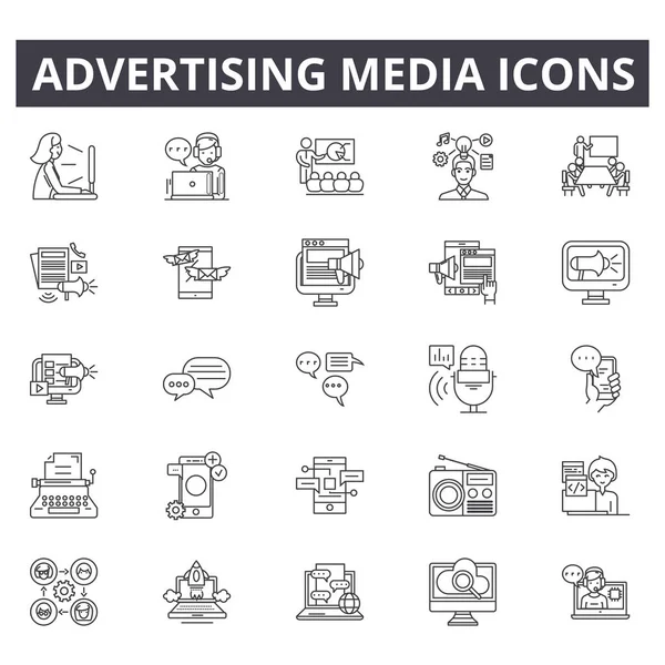 Symbole der Werbemedien. editierbare Schlaganfallzeichen. Konzeptsymbole: Business, Marketing, Kommunikation, mobile Promotion, Lead usw. Werbemedien skizzieren Illustrationen — Stockvektor