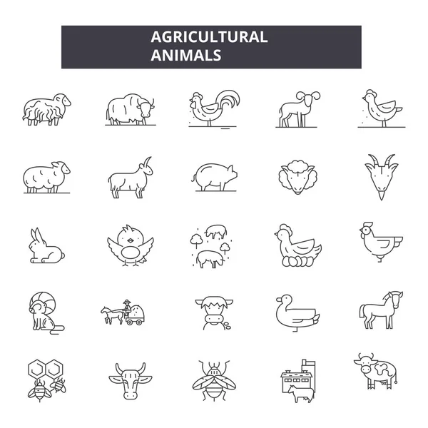 Jordbruksdjur linje ikoner. Redigerbara stroke tecken. Begreppet ikoner: fram, djuruppfödning, jordbruk, tamdjur, jordbruk, boskap etc. Jordbruksdjur beskriva illustrationer — Stock vektor