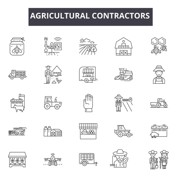 Landwirtschaftliche Lohnunternehmer reihen sich aneinander. editierbare Schlaganfallzeichen. Symbole des Konzepts: Lohnunternehmer, Landwirt, Industrie, landwirtschaftliche Geräte usw. Landwirtschaftliche Lohnunternehmer skizzieren Abbildungen — Stockvektor