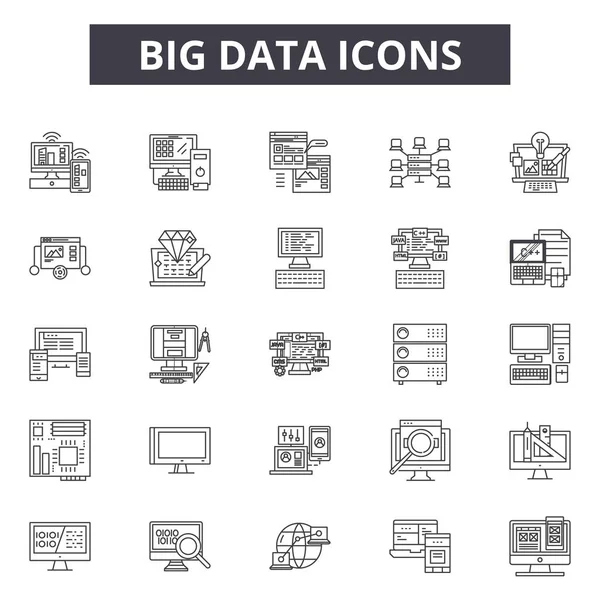 Stordata linje ikoner för webb och mobil design. Redigerbara stroke tecken. Stordata disposition koncept illustrationer — Stock vektor