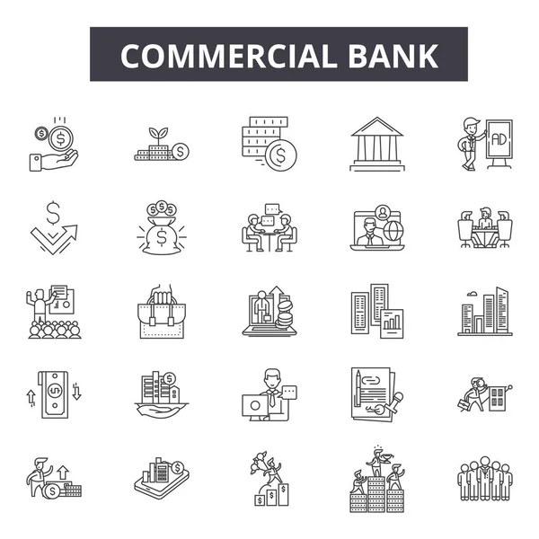 Iconos de línea bancaria comercial para diseño web y móvil. Signos editables. Bancos comerciales esbozan ilustraciones conceptuales — Vector de stock