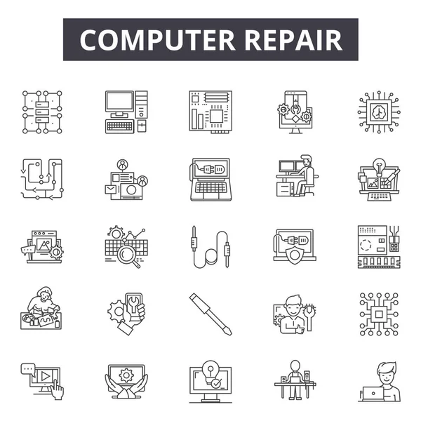 Dator reparation linje ikoner för webb och mobil design. Redigerbara stroke tecken. Dator reparation disposition koncept illustrationer — Stock vektor