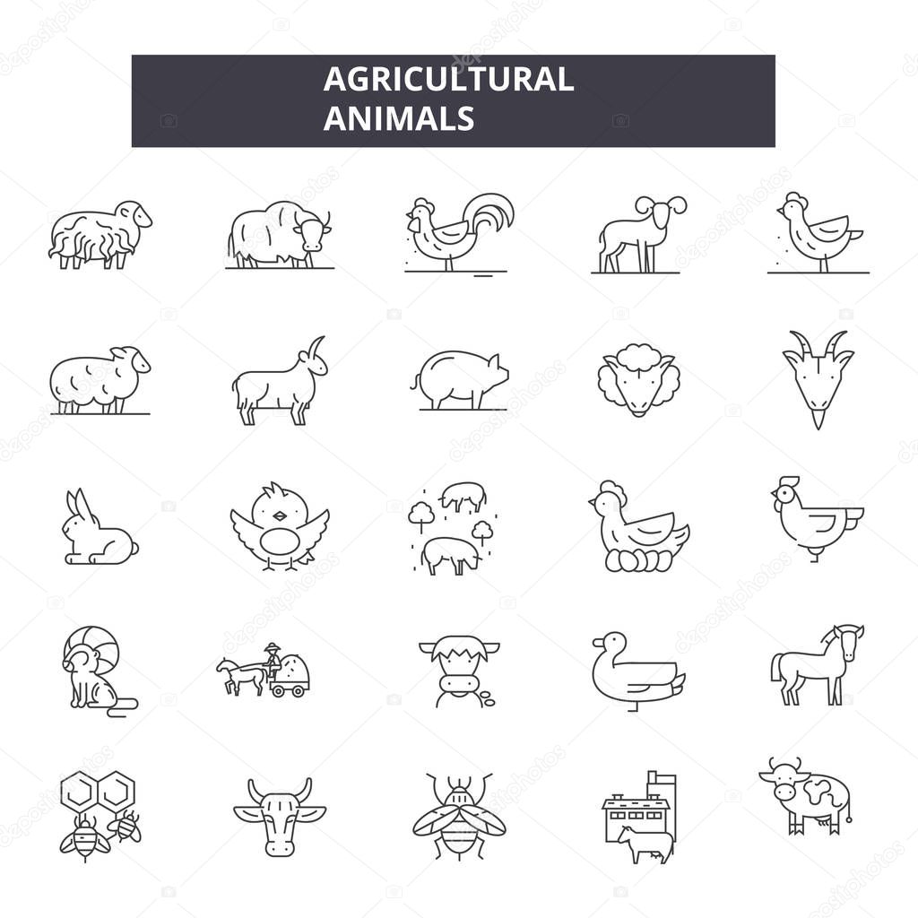 Agricultural animals line icons. Editable stroke signs. Concept icons: agriculture, fram, livestock, domestic animals, farming, cattle etc. Agricultural animals  outline illustrations