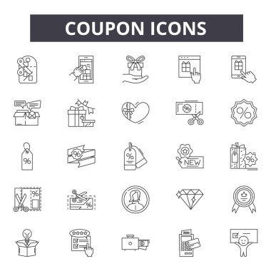 Web ve mobil tasarım için kupon satır simgeler. Düzenlenebilir kontur işaretler. Kupon anahat konsept çizimler