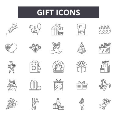 Web ve mobil tasarım için hediye satır simgeler. Düzenlenebilir kontur işaretler. Hediye anahat konsept çizimler