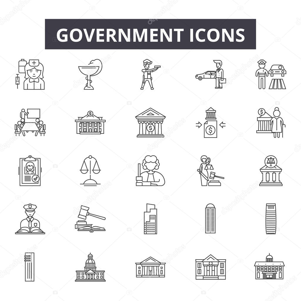 Government line icons for web and mobile design. Editable stroke signs. Government  outline concept illustrations