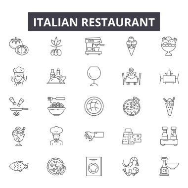 Web ve mobil tasarım için İtalyan restoranı satır simgeler. Düzenlenebilir kontur işaretler. İtalyan restoranı anahat konsept çizimler