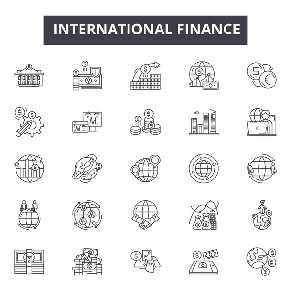 Значки международных финансовых линий для веб и мобильного дизайна. Редактируемые знаки. Концептуальные иллюстрации международных финансов — стоковый вектор