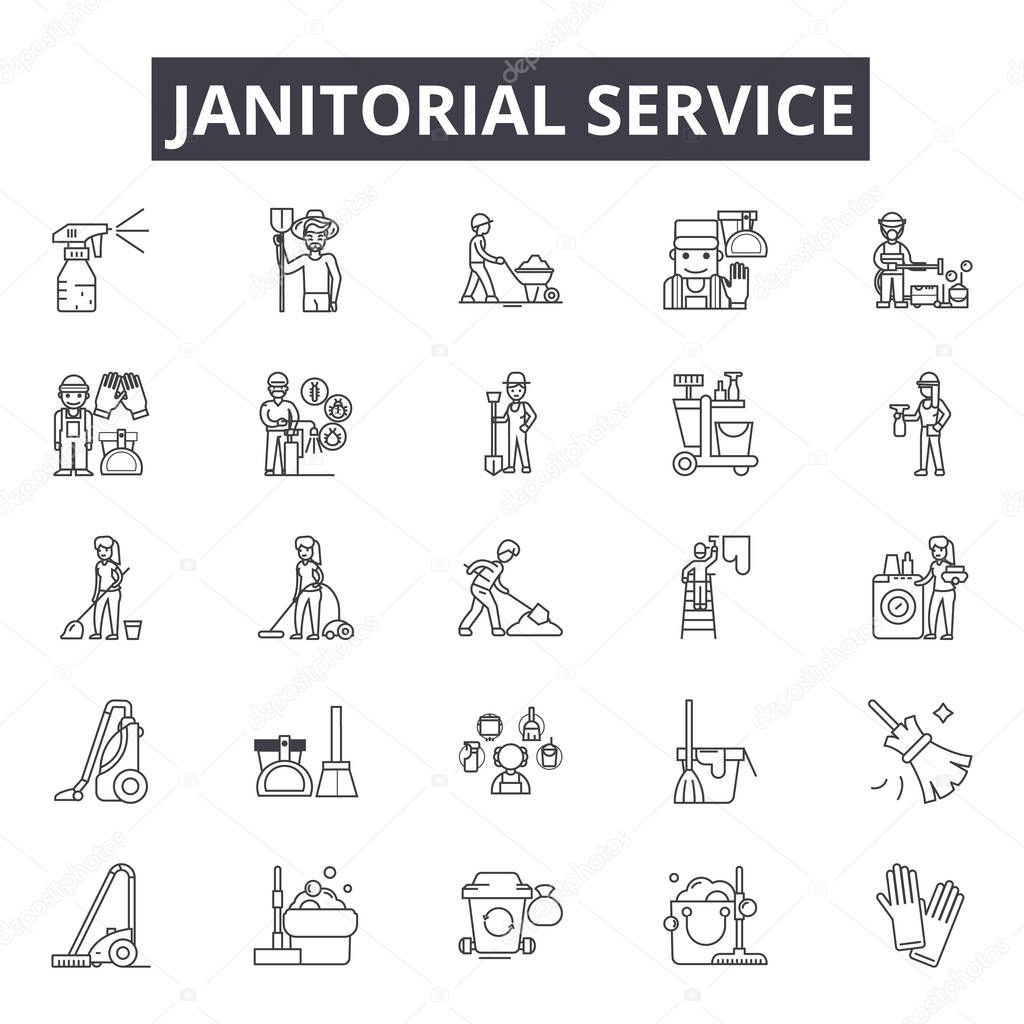 Janitorial service line icons for web and mobile design. Editable stroke signs. Janitorial service  outline concept illustrations