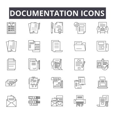 Web ve mobil tasarım için belgeler satırı simgeler. Düzenlenebilir kontur işaretler. Belge anahat konsept çizimler