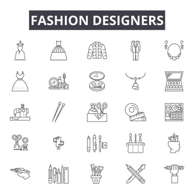 Moda tasarımcıları web ve mobil tasarım için simgeleri sıraya. Düzenlenebilir kontur işaretler. Moda tasarımcıları konsept çizimler anahat