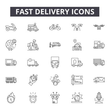 Web ve mobil tasarım için hızlı teslimat satır simgeler. Düzenlenebilir kontur işaretler. Hızlı teslimat anahat konsept çizimler