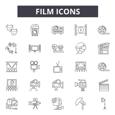 Web ve mobil tasarım için film çizgi simgeler. Düzenlenebilir kontur işaretler. Film anahat konsept çizimler