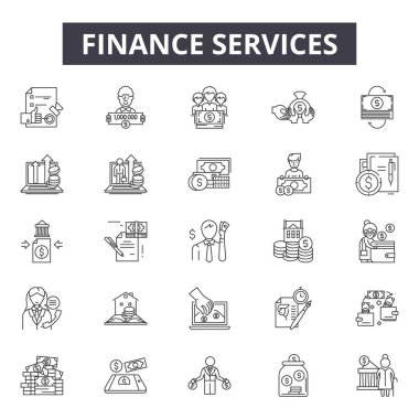 Finans web ve mobil tasarım hat simgelerini Hizmetleri. Düzenlenebilir kontur işaretler. Finans Hizmetleri anahat konsept çizimler