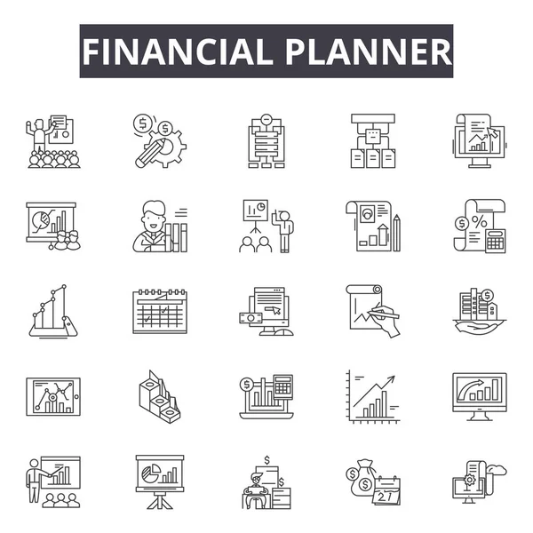 Ícones de linha de planejamento financeiro para web e design móvel. Sinais editáveis de acidente vascular cerebral. Planejador financeiro esboço do conceito ilustrações —  Vetores de Stock