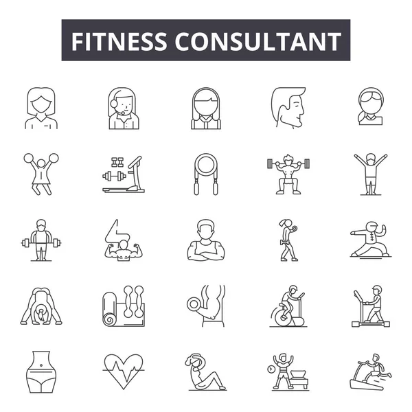 Iconos de línea de consultores de fitness para diseño web y móvil. Signos editables. Asesora de fitness esboza ilustraciones conceptuales — Vector de stock