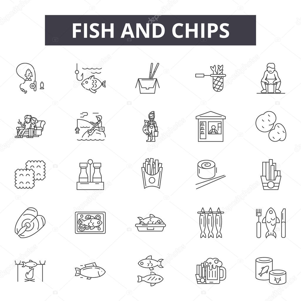 Fish and chips line icons for web and mobile design. Editable stroke signs. Fish and chips  outline concept illustrations