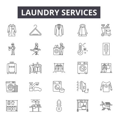 Çamaşırhane Hizmetleri hattı simgeler web ve mobil tasarım için. Düzenlenebilir kontur işaretler. Çamaşırhane Hizmetleri anahat konsept çizimler
