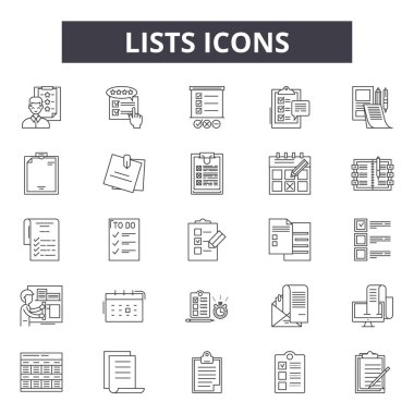 Web ve mobil tasarım için satır simgeleri listelemektedir. Düzenlenebilir kontur işaretler. Anahat listeler konsept çizimler