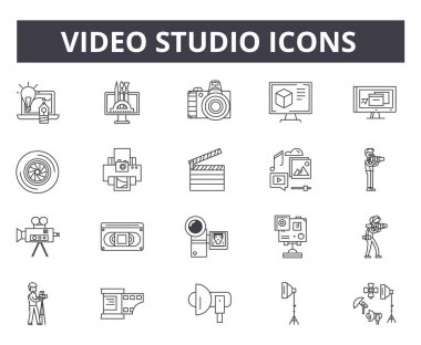Video studio line simgeler web ve mobil tasarım için. Düzenlenebilir kontur işaretler. Video studio anahat konsept çizimler