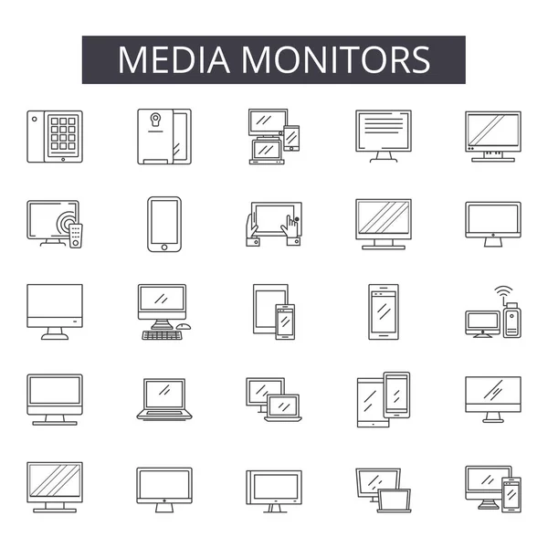 Los medios de comunicación monitorean los iconos de línea para el diseño web y móvil. Signos editables. Monitores de medios esbozan ilustraciones conceptuales — Archivo Imágenes Vectoriales
