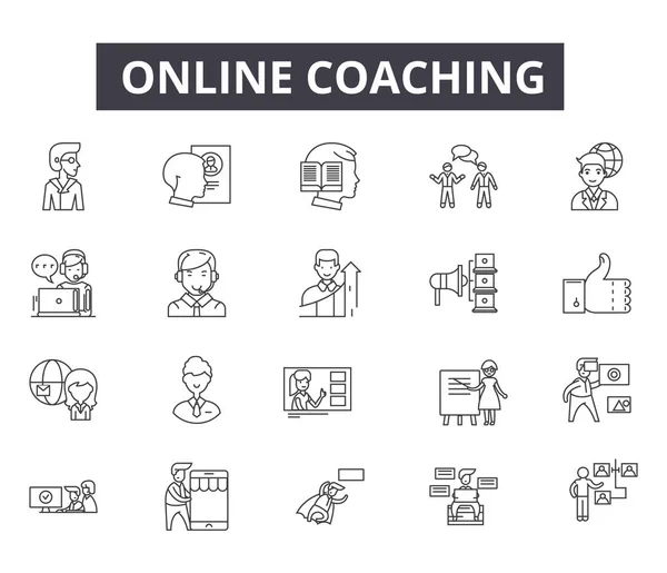 Online coaching lijn iconen voor web en mobiele apparatuur. Bewerkbare lijn tekenen. Online coaching overzicht concept illustraties — Stockvector