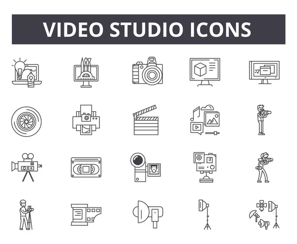 Video studio line ikoner för webb och mobil design. Redigerbara stroke tecken. Video studio disposition koncept illustrationer — Stock vektor