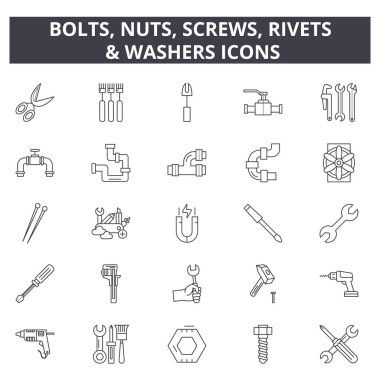 Civatalar, fındık, vida, web ve mobil tasarım için perçin contalar satır simgeler. Düzenlenebilir kontur işaretler. Cıvata, somun, vida, perçin contalar anahat konsept çizimler