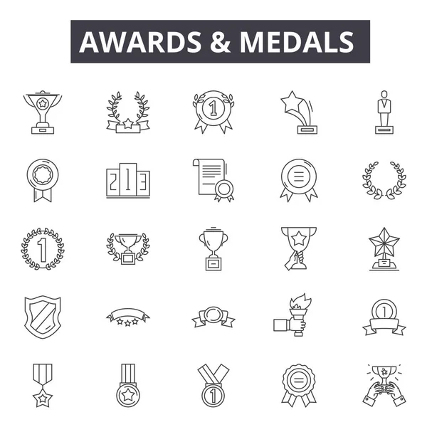 Medalhas prêmios ícones de linha para web e design móvel. Sinais editáveis de acidente vascular cerebral. Medalhas de premiação delineiam ilustrações conceituais —  Vetores de Stock