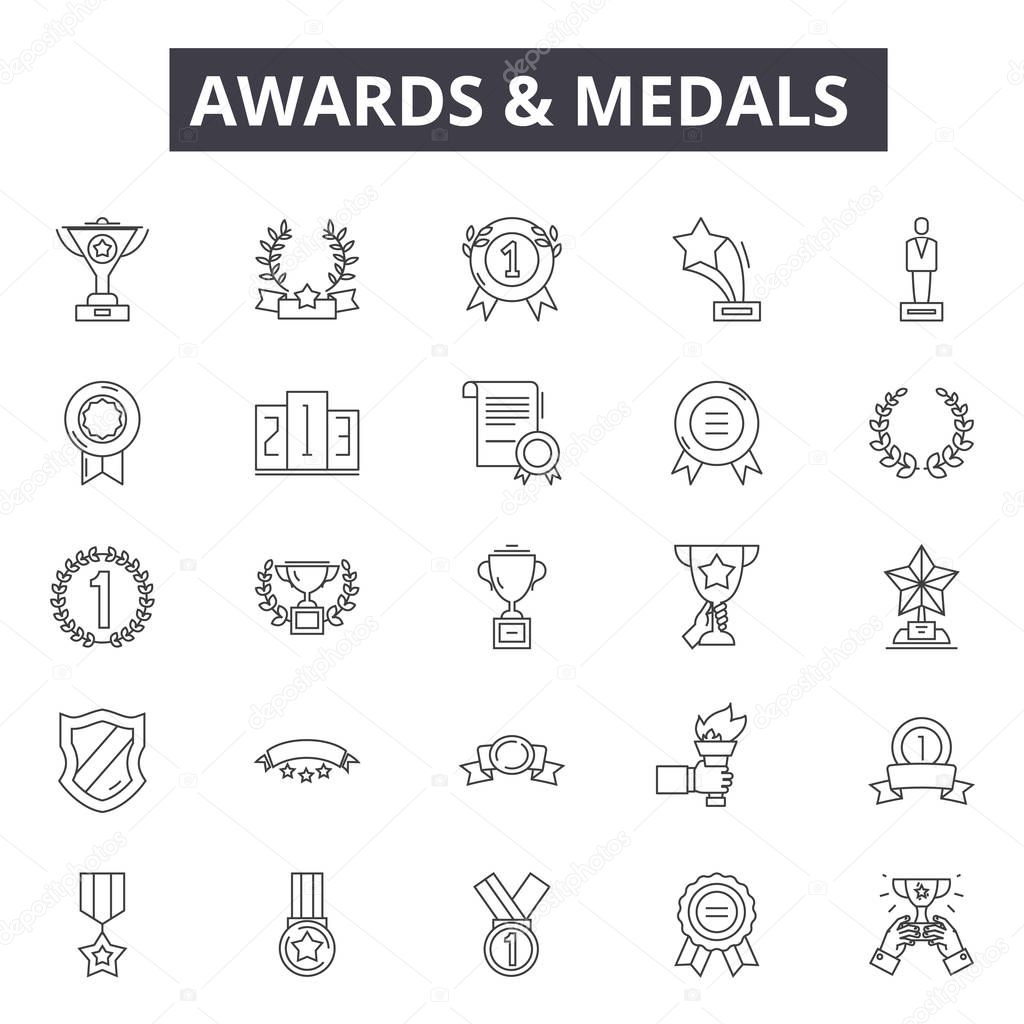 Awards medals line icons for web and mobile design. Editable stroke signs. Awards medals outline concept illustrations