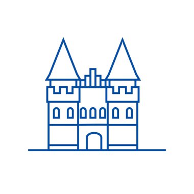 Avrupa çizgi simgesini kavramı kalede. Castle Avrupa düz vektör simgesi, işaret, anahat illüstrasyon.