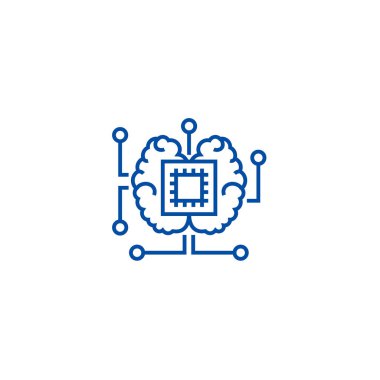 Yapay zeka çipi beyin satırı simgesi konsepti ile. Yapay zeka, çip ile beyin düz vektör simgesi, işaret, anahat illüstrasyon.