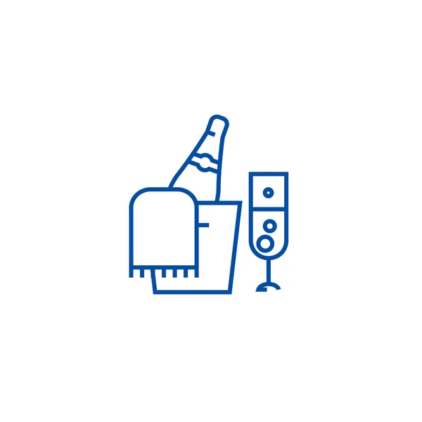 Σαμπάνια μπουκάλι και ποτήρι γραμμή εικονίδιο έννοια. Σαμπάνια μπουκάλι και ποτήρι σύμβολο επίπεδη διάνυσμα, σημάδι, απεικόνιση της διάρθρωσης. — Διανυσματικό Αρχείο