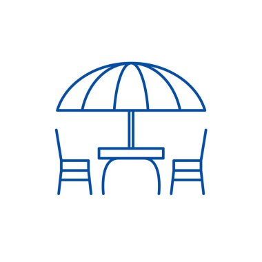 Beach masa ve sandalyeler satırı simgesi kavramı. Beach masa ve sandalyeler düz vektör simgesi, işaret, anahat illüstrasyon.