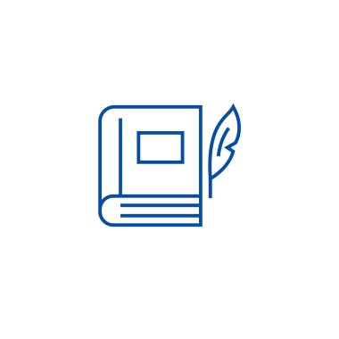 Kalemle, edebiyat satırı simgesi kavramı kitap. Kitap kalem, edebiyat düz vektör simgesi, işaret, anahat illüstrasyon.