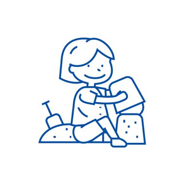 Çocuk kum satırı simgesi kavramı ile oynuyor. Çocuk kum düz vektör simgesi, işaret, anahat illüstrasyon iskambil.