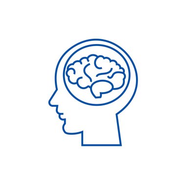 Beyin kafasında, beyin fırtınası, zihin satırı simgesi kavramı. Beyin kafasında, beyin fırtınası, zihin düz vektör simgesi, işaret, anahat illüstrasyon.