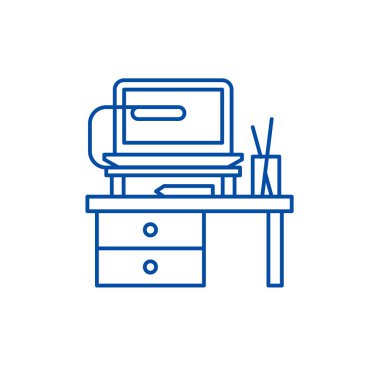 İş çalışma alanı satır simgesi kavramı. İş iş yeri düz vektör simgesi, işareti, anahat illüstrasyon.