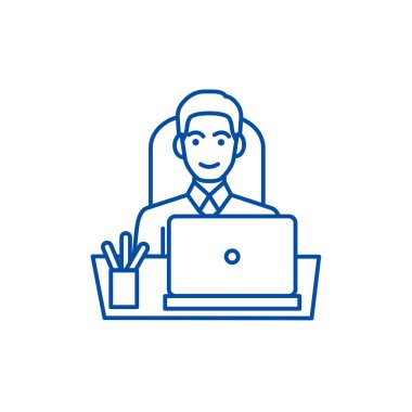 Tablo satırı simgesi konsepti ile ofiste işadamı. İşadamı Office düz vektör simgesi, işaret, anahat illüstrasyon ile masada.