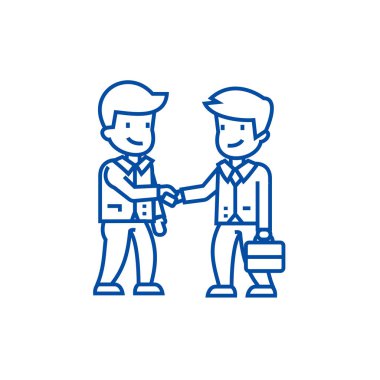 İşadamları el sıkışma satırı simgesi kavramı. İşadamları el sıkışma düz vektör simgesi, işaret, anahat illüstrasyon.