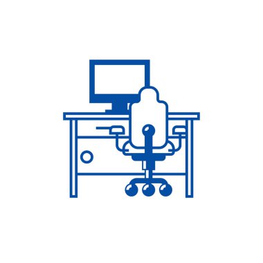 Pc ve ofis sandalye satırı simgesi konsepti ile dolap, ev Resepsiyon. Kabine, pc ile ev Büro ve ofis sandalye düz vektör simgesi, işareti, illüstrasyon anahat.