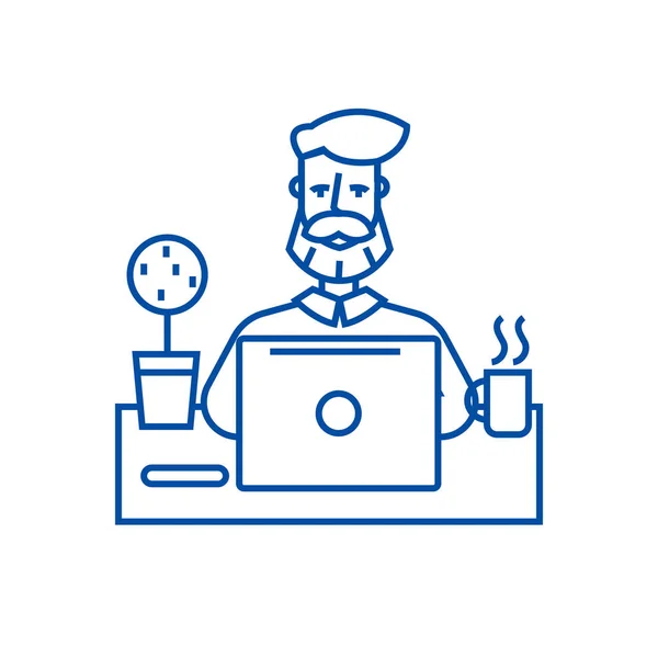 Barba hombre trabajando en la mesa con concepto de icono de la línea de cuaderno. Barba hombre trabajando en la mesa con el símbolo del vector plano portátil, signo, esbozo ilustración . — Vector de stock