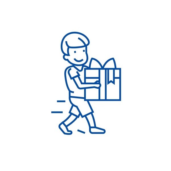 Niño llevando concepto de icono de línea de regalo. Niño llevando regalo símbolo de vector plano, signo, esbozo ilustración . — Vector de stock