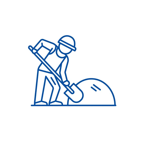 Builder working with shovel line icon concept. Builder working with shovel flat  vector symbol, sign, outline illustration. — Stock Vector
