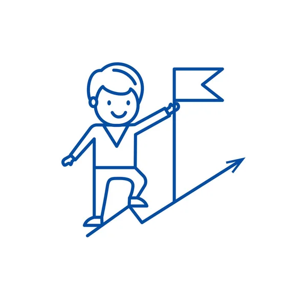 Businenessman achivieng goal,flag  line icon concept. Businenessman achivieng goal,flag  flat  vector symbol, sign, outline illustration. — Stock Vector