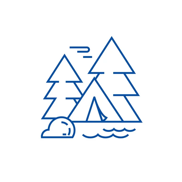 Cort de camping în conceptul de pictogramă de linie forestieră. Cort de camping în pădure simbol vector plat, semn, ilustrație contur . — Vector de stoc